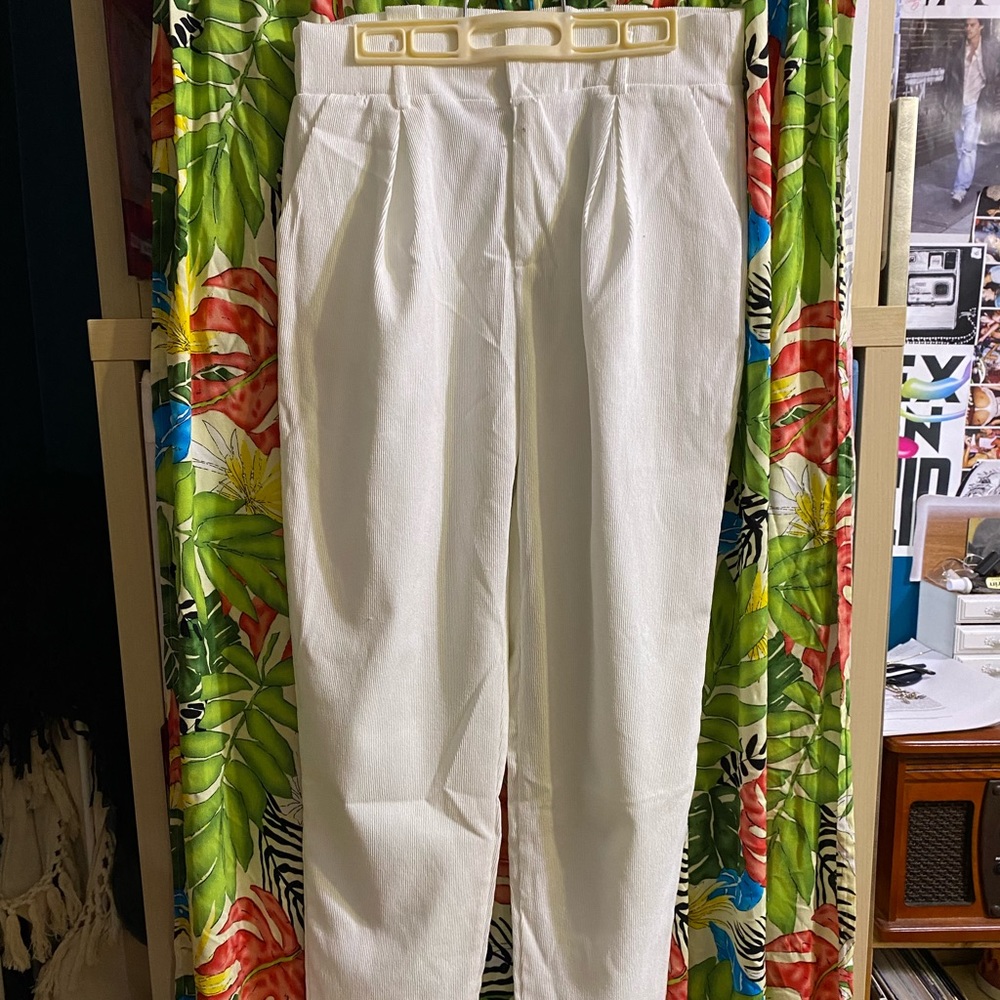 White Corduroy Pleated Trousers